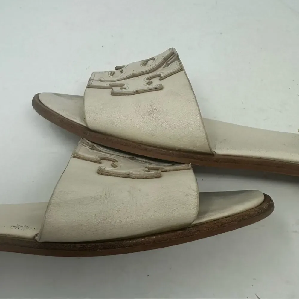 Tory Burch Ines Creme White Leather Slide Sandals Size 7.5 Logo